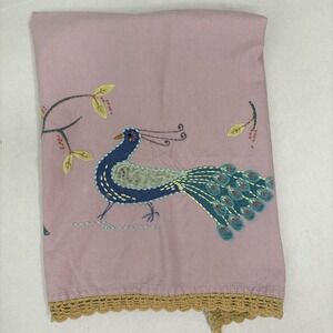 Peacock 100% Cotton Dish Towel Embroidered Novelty Purple Vintage Crochet Edge